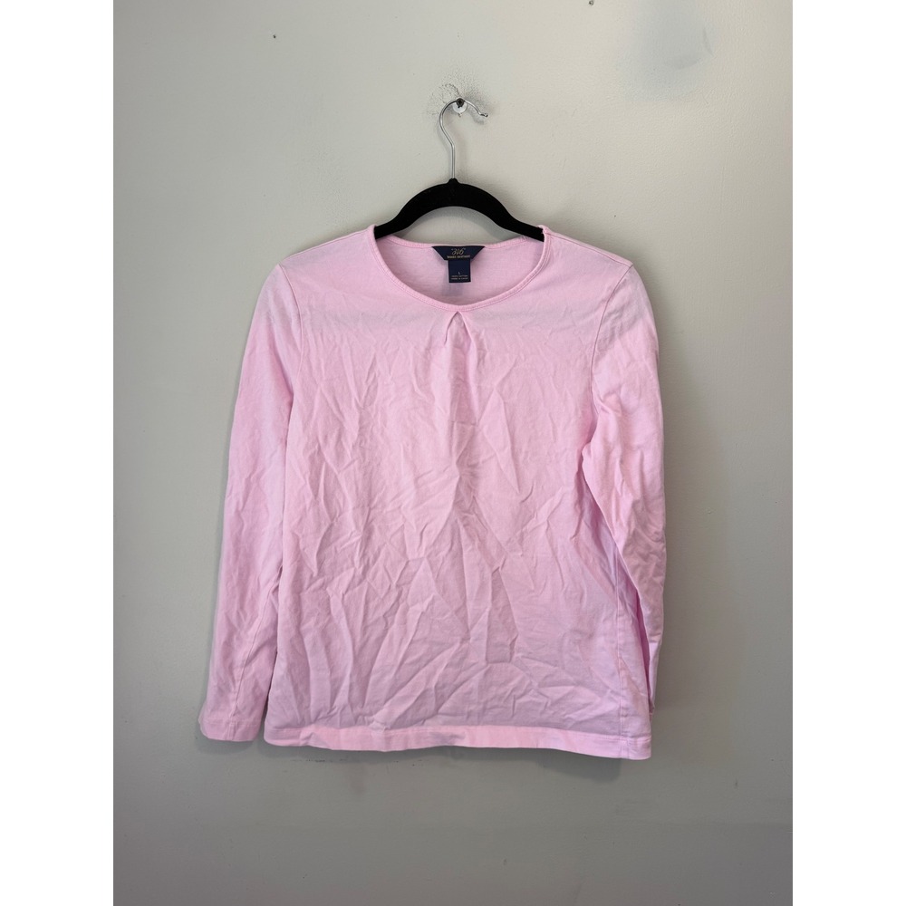Brooks Brothers 346 Womens Pink Cotton Long Sleeve Pleated Neck T-Shirt Size L